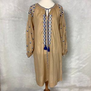 Nieves Lavi Tan, Blue Embroidered Long Sleeve Tallulah Kaftan Caftan Dress NWT S